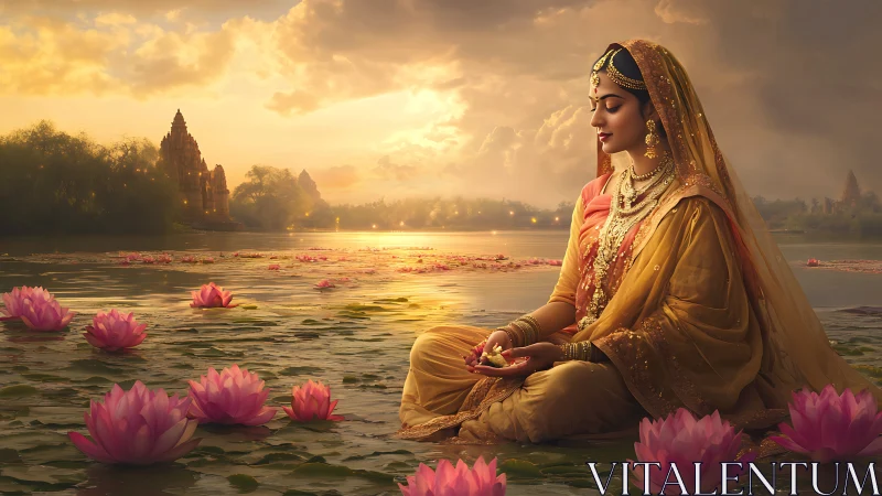 Woman sits on lotus-covered water surface at sunset
