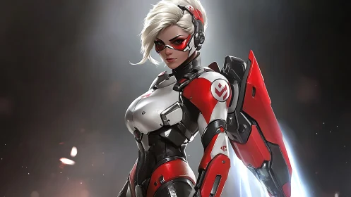 Armored female operative in red and white exosuit holds shield