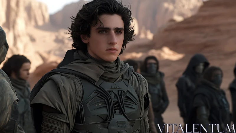 Photorealistic desert hero in tactical sci-fi armor formation.