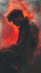 Silhouetted male profile is rendered against diffuse red backdrop