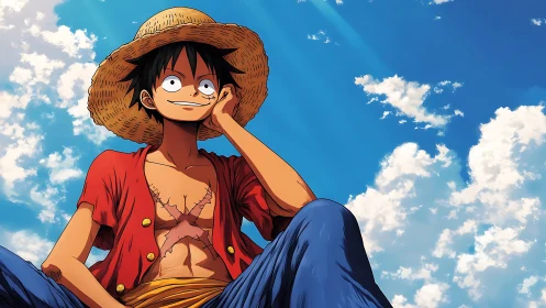 Straw-hatted dreamer grinning beneath wide-sailed sky.