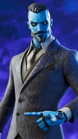 Blue-skinned suited character with robotic hand points forward