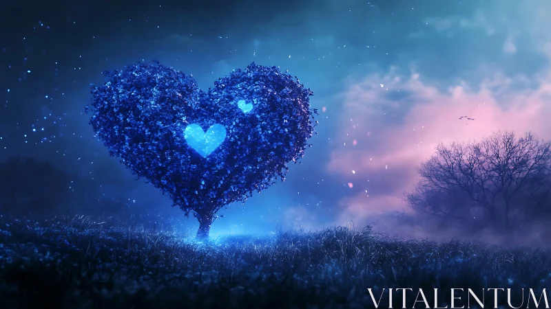 Glowing Blue Heart Tree Against Twilight Sky