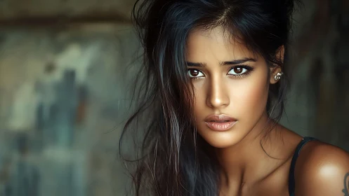 Intense gaze of woman in warm-toned photoreal portrait.