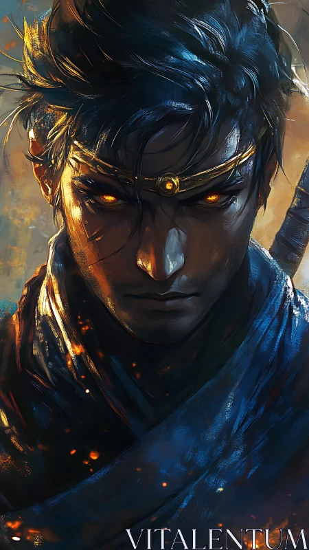 Portrait shows robed male figure with glowing eyes and headband