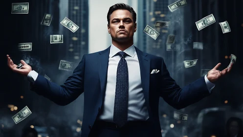 Confident businessman commands money in dramatic city scene.