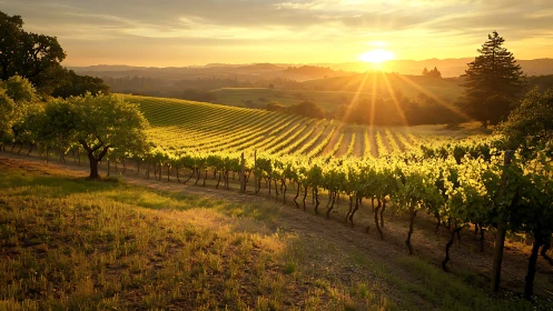 Sunlit vineyard rows glow across rolling golden hills.
