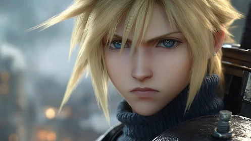 Blond anime warrior close up with intense blue eyes stare.