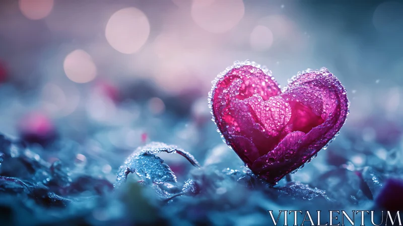 Frost-covered heart shape in crystalline winter landscape