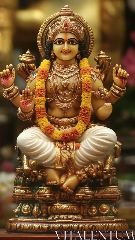 Polychrome Hindu deity sculpture with ornate garlanded throne.