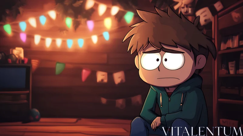 Melancholic cartoon boy in hoodie under warm string lights
