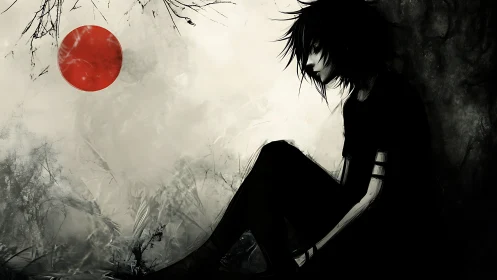 Melancholic silhouette with red sun against misted grayscale field.