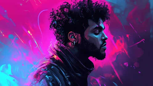 Profile portrait of male figure in neon digital environment.