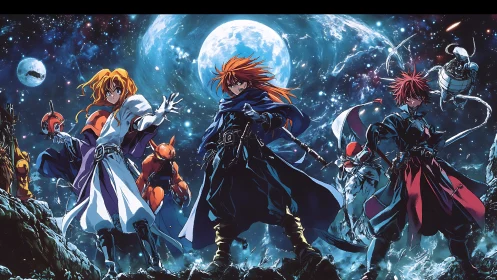 Anime warriors stand on rocky alien world under starry sky.