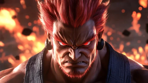 Muscular red haired fighter scowls amid fiery explosion
