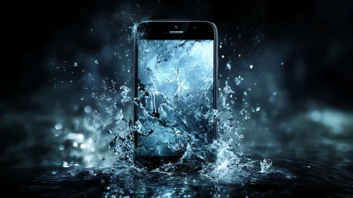 High-speed splash impact on smartphone glass in dark water
