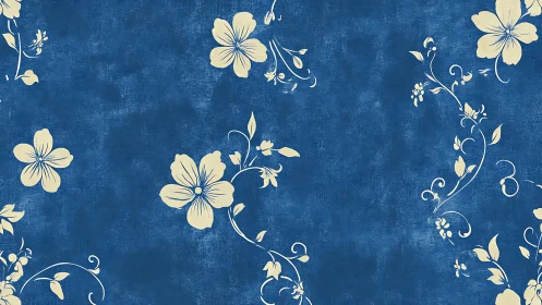 Botanical Flourish Wallpaper Design: Cream Florals Against Deep Indigo Ground.