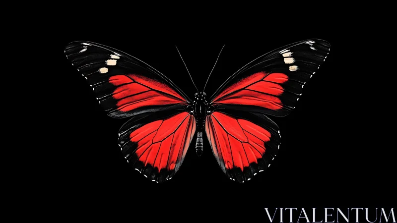 Butterfly specimen displays red and black wings on black field