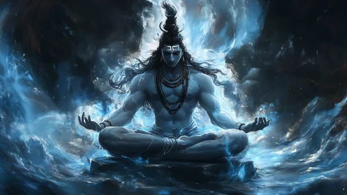 Serene blue meditation within swirling cosmic energy waves.