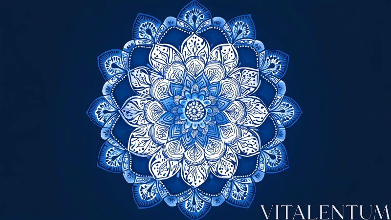 Radial floral mandala in blue gradient digital linework.