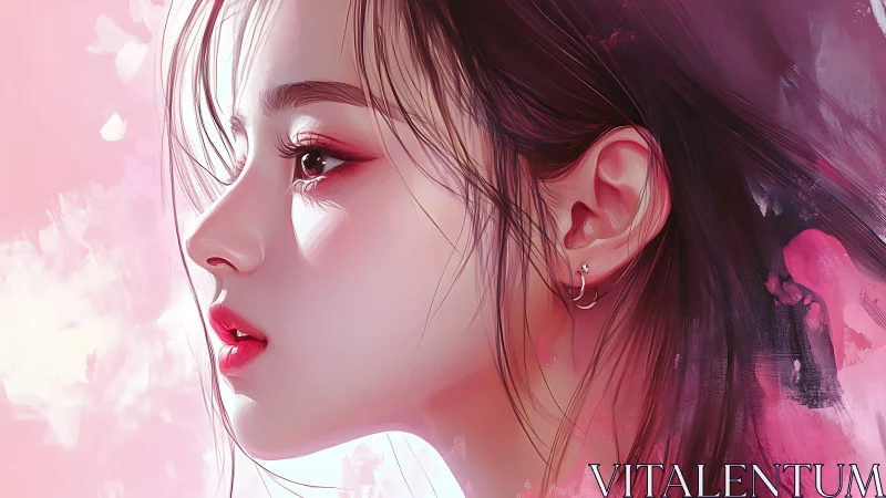 Side-lit digital portrait of young woman in rosy hues.