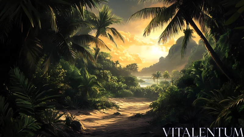 Tropical Jungle Corridor with Coastal Bay and Golden Hour Illumination