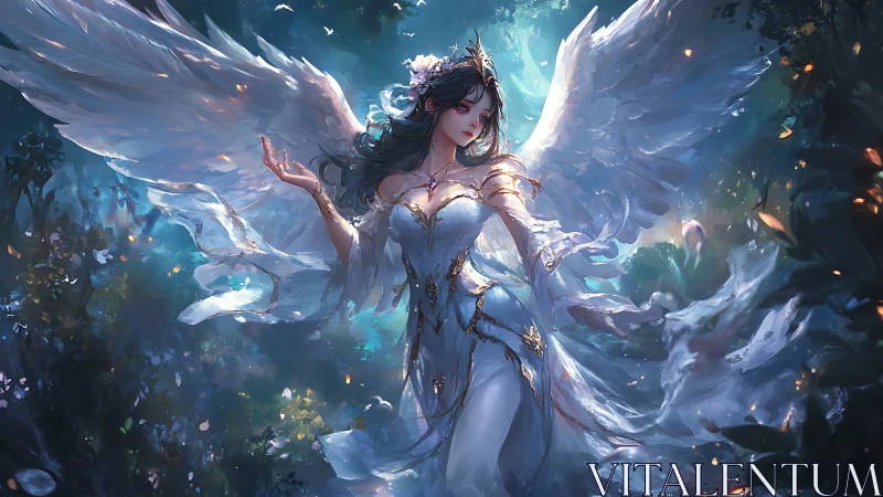Winged woman in white gown amid glowing forest scene.