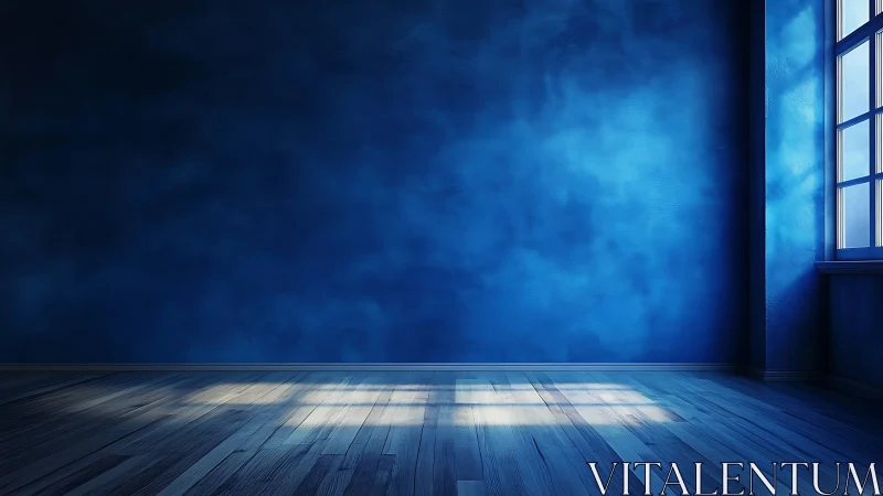 Empty blue room interior with window light on wooden floor.