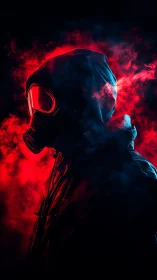 Hooded gas mask silhouette in neon red vapor glow.