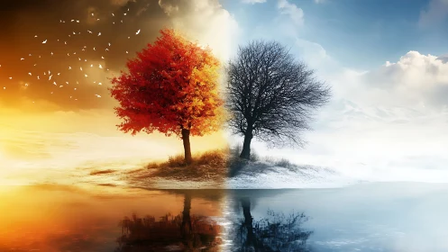 Seasonal duality rendered through mirrored arboreal silhouettes