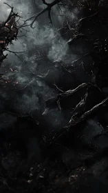 Twisted nocturnal branches in dense cinematic fogscape.