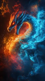 Elemental fire and ice dragon in dynamic vertical swirl.