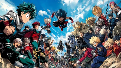 Crowded anime hero lineup in dynamic sky battle spread.