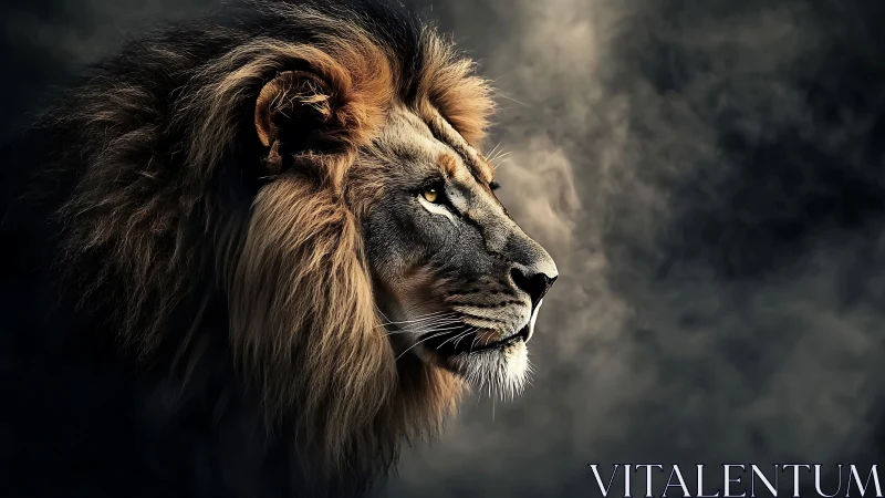 Majestic lion profile emerges from shadowy smoky darkness
