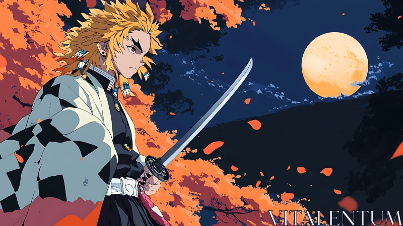 Moonlit flame warrior poised beneath blazing autumn sky.