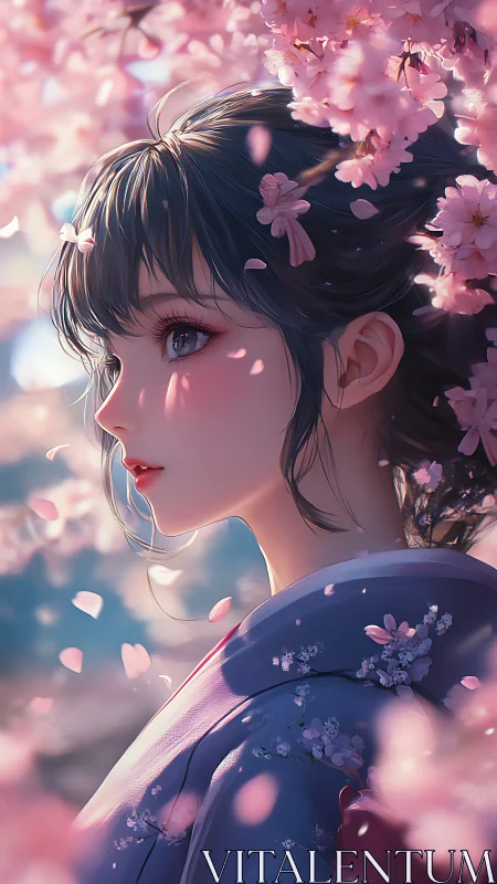Cherry blossom girl in profile amid drifting spring petals.