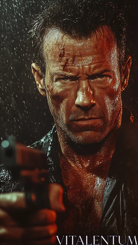Storm-soaked action hero locked in a tense, gritty stare.