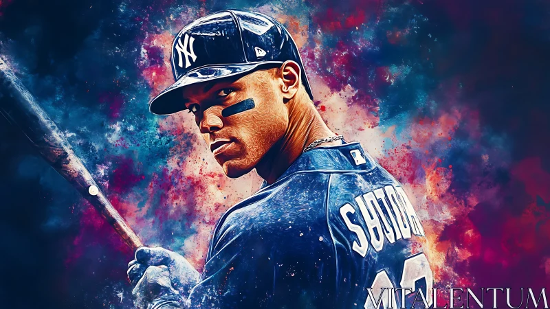 Digital portrait of baseball batter in navy uniform, bat poised