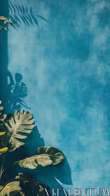 Tropical monstera leaves cast sharp shadows on blue stucco wall