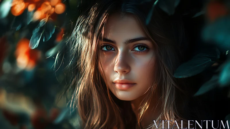 Cinematic digital portrait isolates a young woman in foliage
