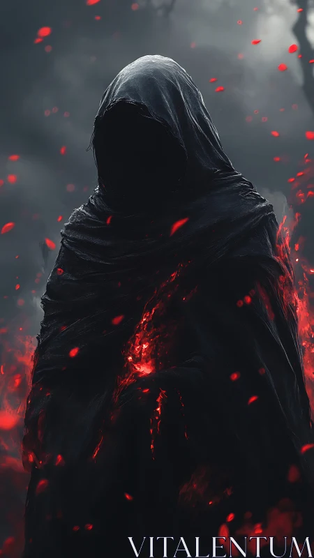 Hooded dark wraith with glowing red embers in foggy night