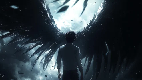 Dark winged figure rises against luminous storm sky