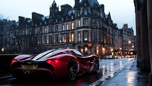 Red hypercar lines wet city street beside historic stone facades