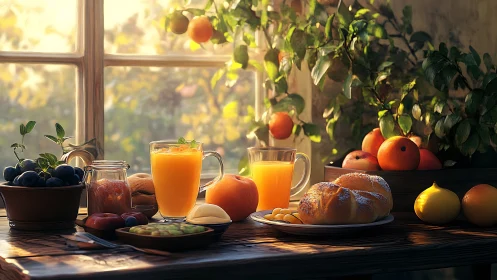 Sunny rustic breakfast table with juice and fresh fruit.