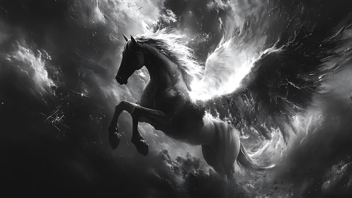 Winged stallion erupts through storm-torn monochrome sky.