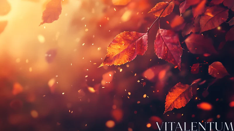 Backlit autumn leaves drift through shallow-depth bokeh field