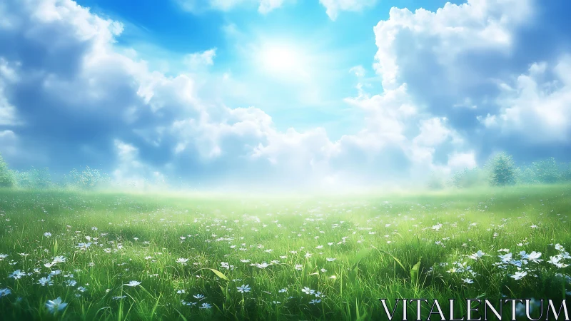 Sunlit meadow daydream under wide wandering clouds.