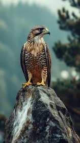 Falcon perched on rock against soft forest backdrop.