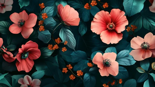 Large coral flowers with teal foliage composition on dark background