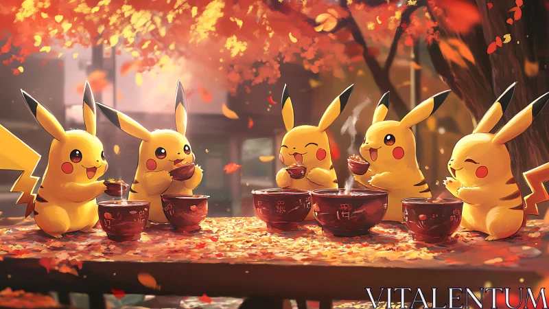 Cozy Pikachu tea party under glowing autumn leaves.